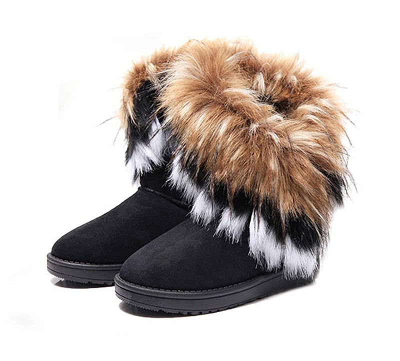 King Ma Women's Faux Fur Tassel Winter Snow Boot Suede Flat Ankle Boots (black, numeric_10) - Image 1